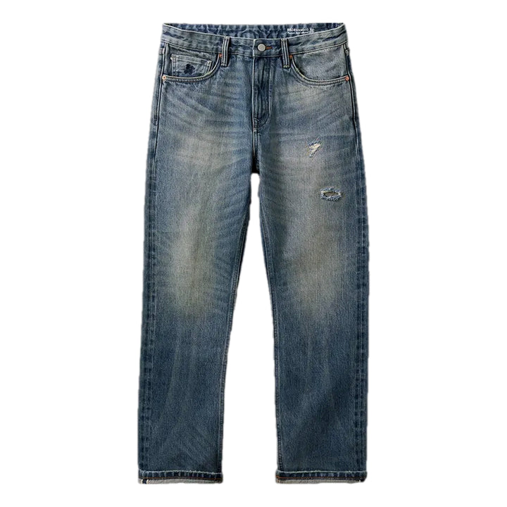 Distressed Straight Fit Selvedge Men's Jeans - Blue