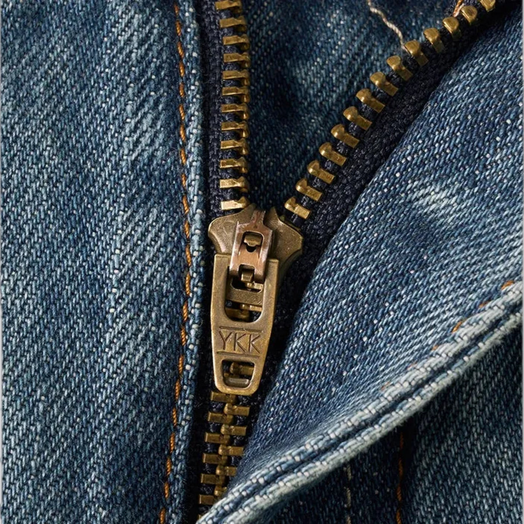 Distressed straight fit selvedge men's jeans